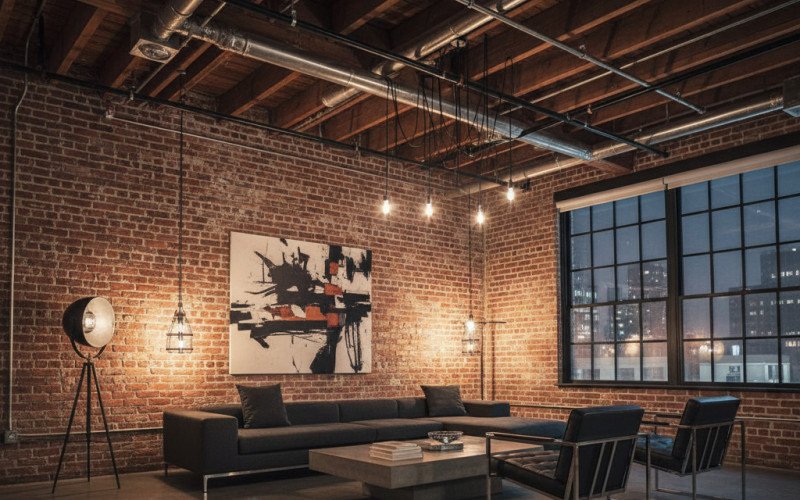 Industrial loft interior design  Modern urban home decor  Exposed brick wall living room